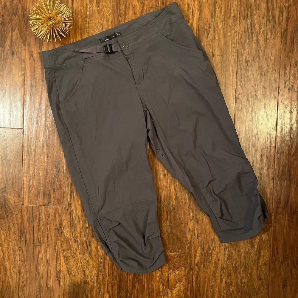 PRANA Jasmine Knicker Capri Crop Pants Stretch 4-Pockets Cinch Waist Size 10 Gra